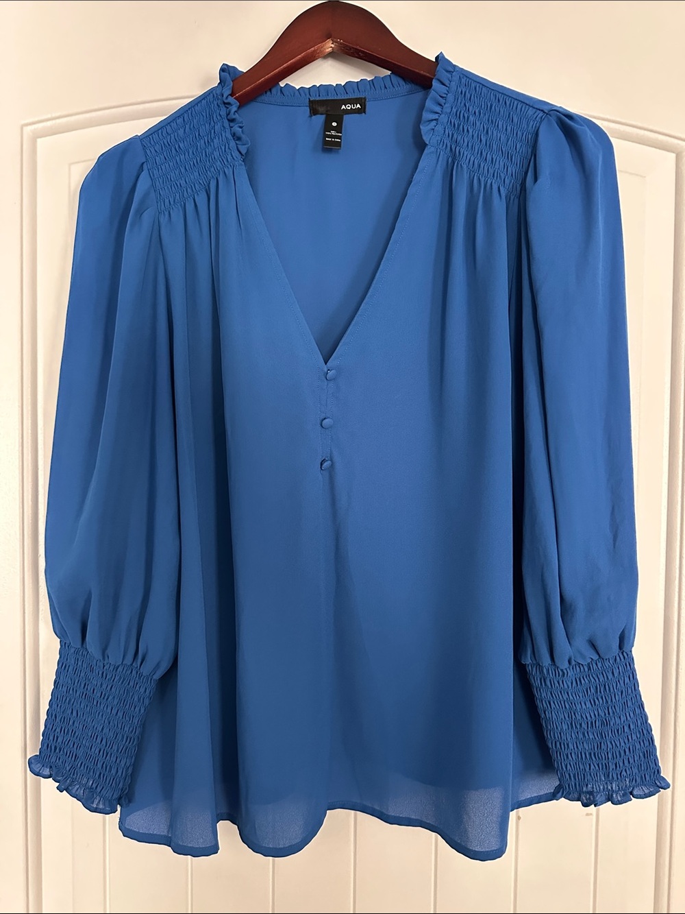 Aqua Royal Blue V-Neck Smocked Shoulder & Cuff Blouse
